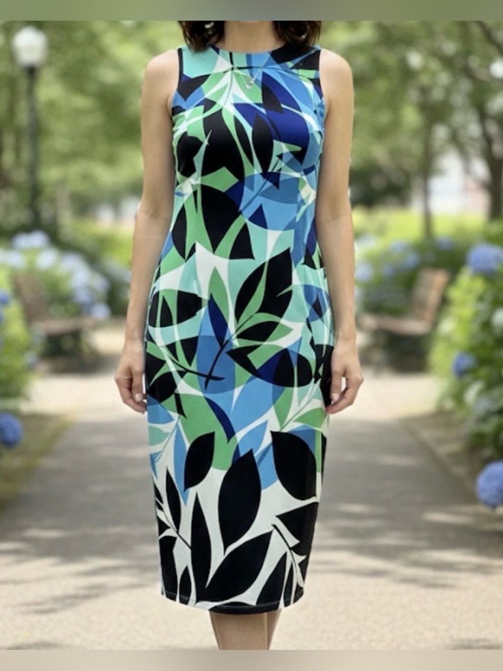 London Style Blue and Green Leaf Print Midi Dress